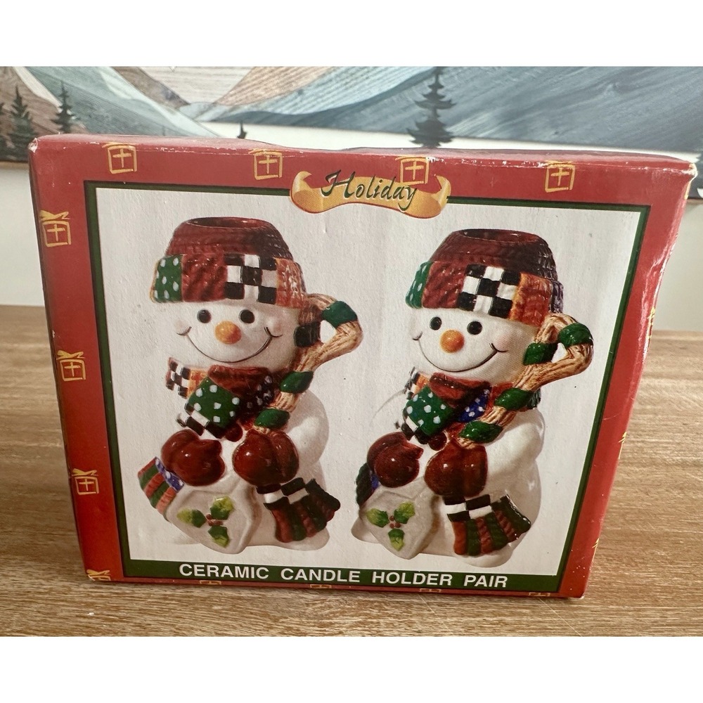 Vintage Snowman Ceramic Candle Holders Pair Holiday Treasures Decor 4"